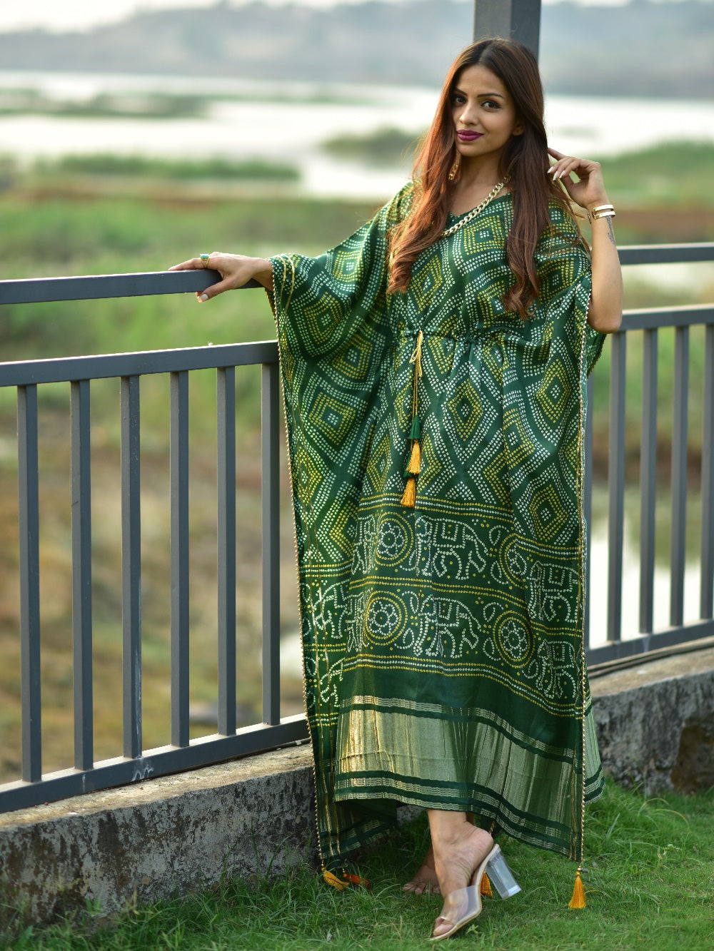 Green Color Digital Bandhej Print Pure Gaji Silk Kaftan Clothsvilla
