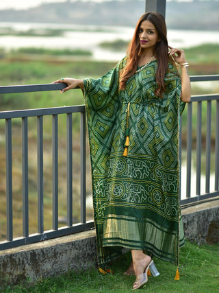 Green Color Digital Bandhej Print Pure Gaji Silk Kaftan Clothsvilla