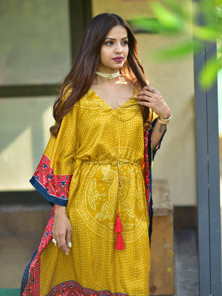 Mustard Color Digital Bandhej Print Pure Gaji Silk Kaftan Clothsvilla
