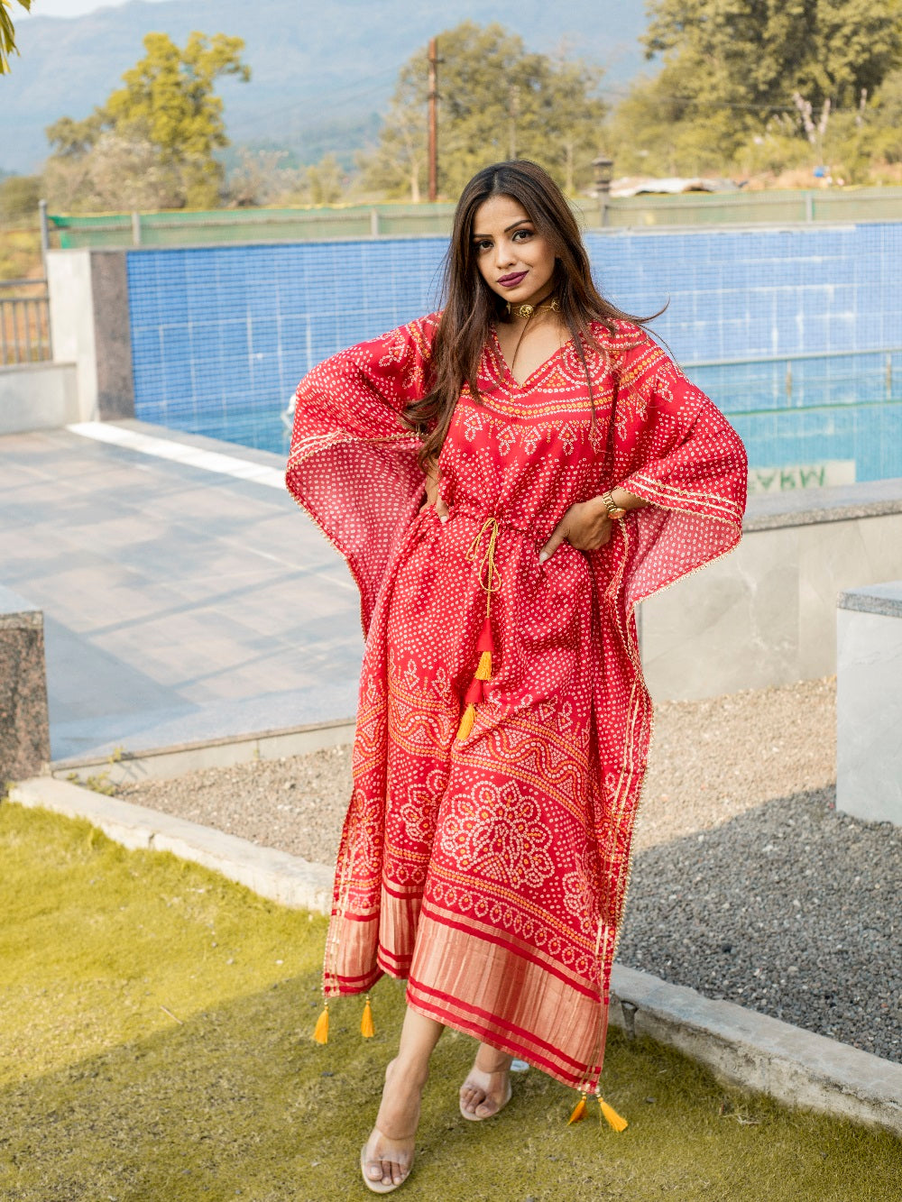 Red Color Digital Bandhej Print Pure Gaji Silk Kaftan Clothsvilla
