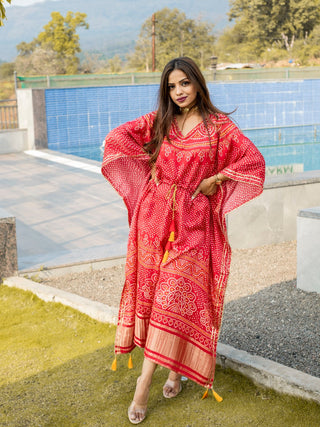 Red Color Digital Bandhej Print Pure Gaji Silk Kaftan Clothsvilla