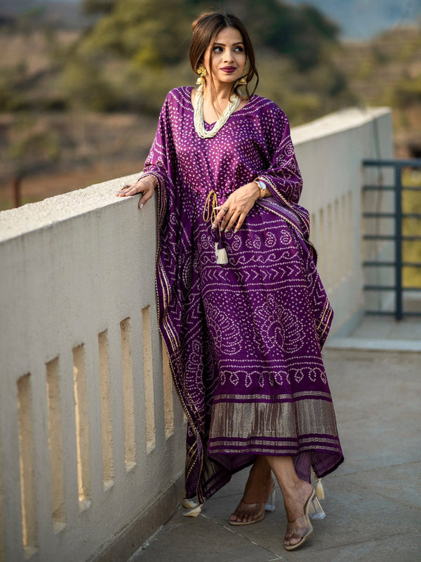 Wine Color Digital Bandhej Print Pure Gaji Silk Kaftan Dress Clothsvilla