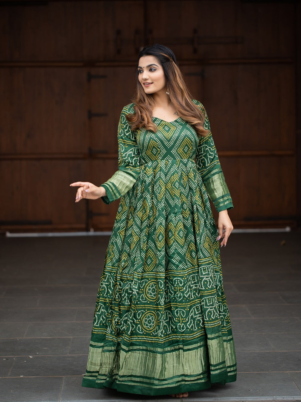 Green Color Digital Bandhej Printed Pure Gaji Silk Gown Secondary image