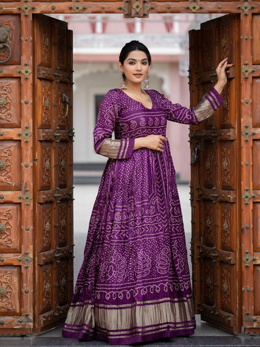 Wine Color Digital Bandhej Printed Pure Gaji Silk Beautiful Gown Clothsvilla