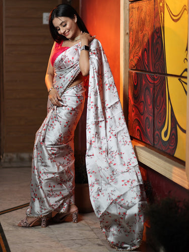 Grey Color Digital Printed Japan Satin Saree With Pearl Lace Border Clothsvilla