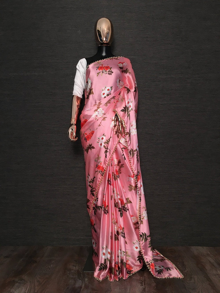 Peach Color Digital Printed Heavy Japan Satin Silk Saree With Pearl Lace Border Clothsvilla