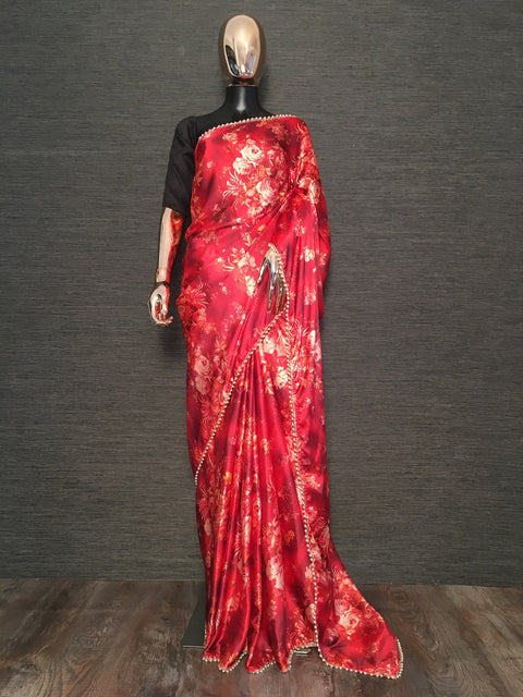 Red Color Digital Print Japan Satin Saree With Pearl Lace Border Clothsvilla Main image