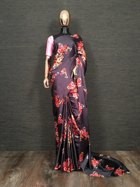 Wine Color Floral Digital Printed Japan Satin Silk Saree Clothsvilla Main image
