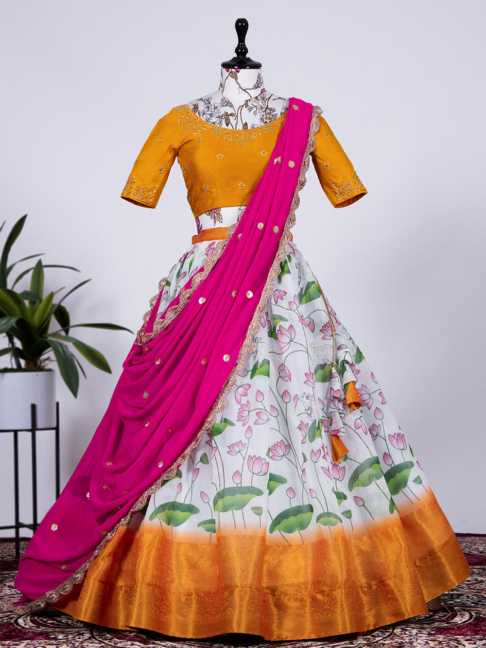 White Color Digital Printed Soft Cotton Half Saree Set Lehenga Clothsvilla