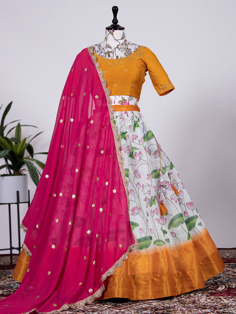 White Color Digital Printed Soft Cotton Half Saree Set Lehenga Clothsvilla
