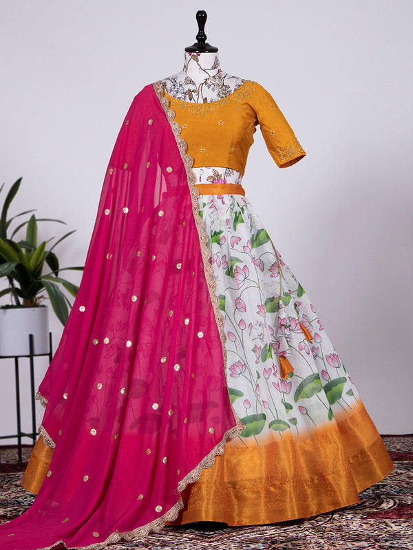White Color Digital Printed Soft Cotton Half Saree Set Lehenga Clothsvilla