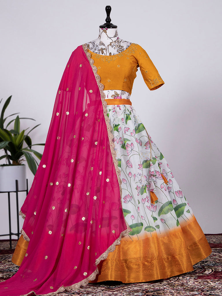 WILLFE Women's Kanjivaram Silk Traditional Lehenga Choli, Unstitched Lehenga  Choli, Half Saree (Yellow Pink) : Amazon.in: Fashion