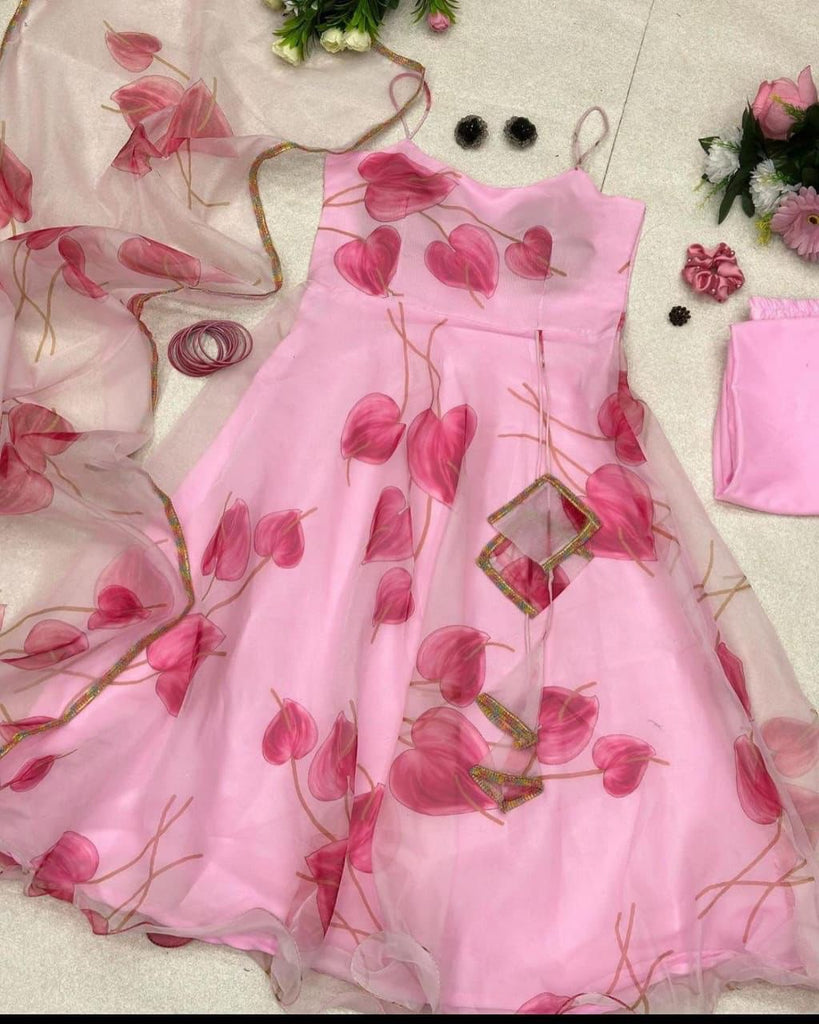 Digital Printed Pink Color Organza Anarkali Gown Clothsvilla