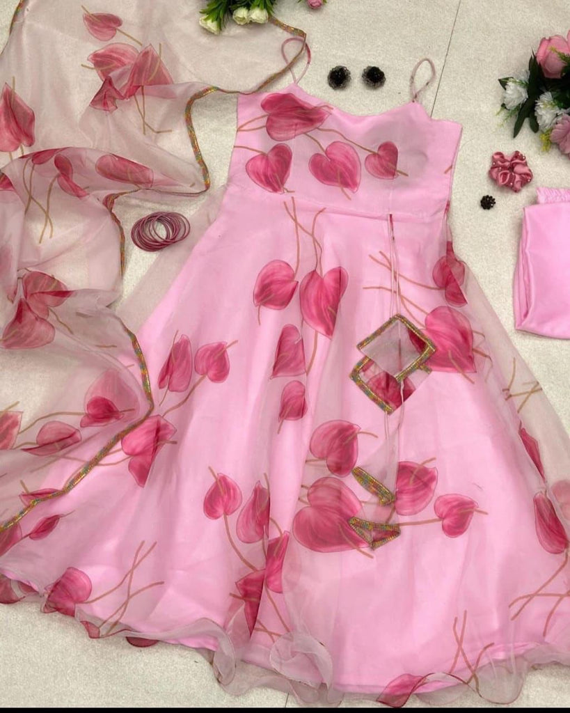 Digital Printed Pink Color Organza Anarkali Gown Clothsvilla