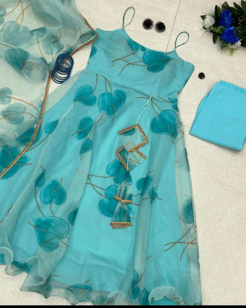 Digital Printed Sky Blue Color Organza Anarkali Gown Clothsvilla