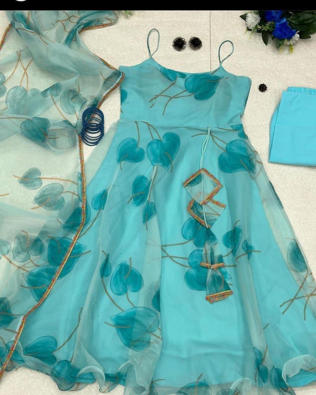 Digital Printed Sky Blue Color Organza Anarkali Gown Clothsvilla