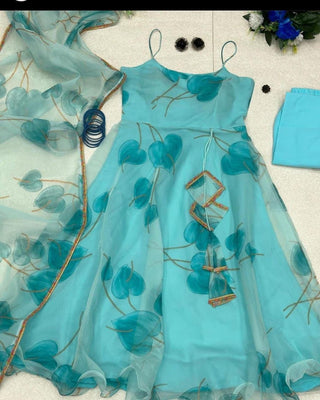 Digital Printed Sky Blue Color Organza Anarkali Gown Clothsvilla