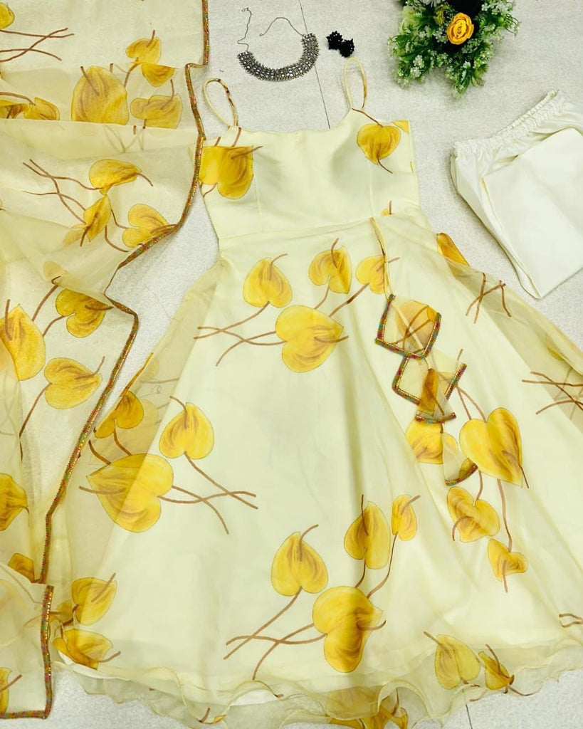 Digital Printed Yellow Color Organza Anarkali Gown Clothsvilla