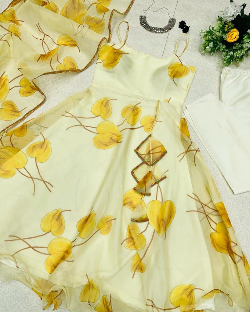 Digital Printed Yellow Color Organza Anarkali Gown Clothsvilla