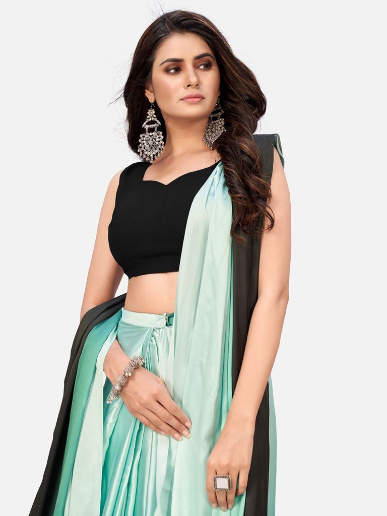 Distinctive Sea Green and Black Ready to Wear Saree ClothsVilla