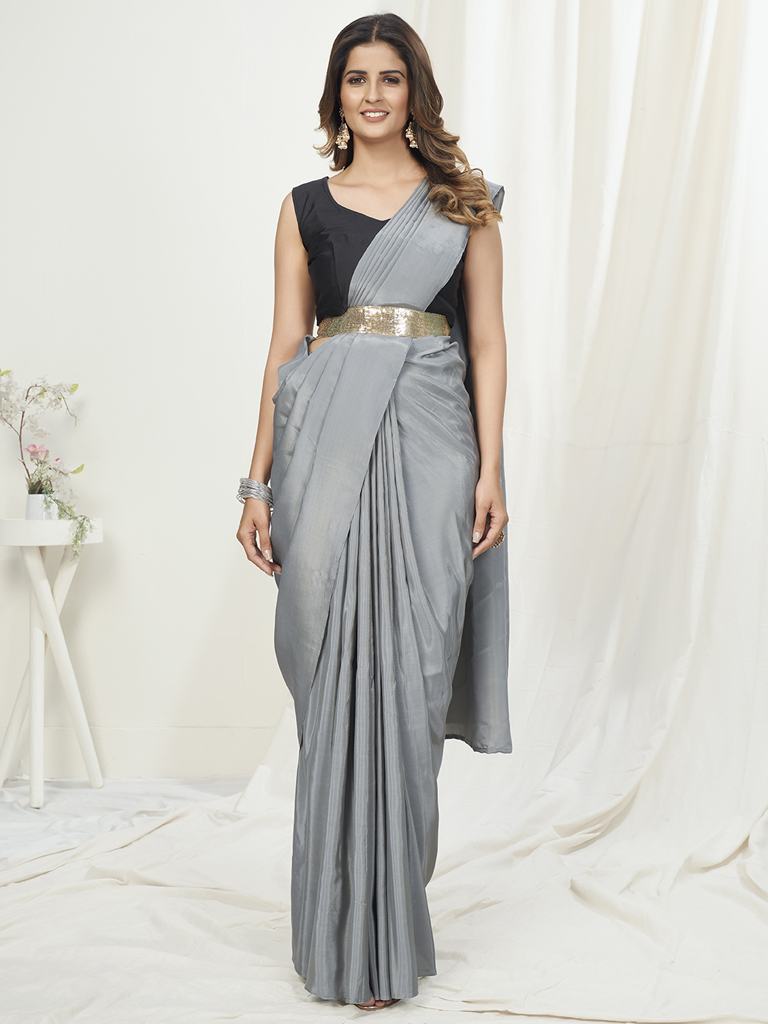 Dove Grey Ready to Wear One Minute Saree In Satin Silk ClothsVilla