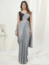 Load image into Gallery viewer, Dove Grey Ready to Wear One Minute Saree In Satin Silk ClothsVilla