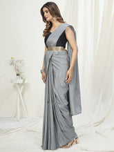 Load image into Gallery viewer, Dove Grey Ready to Wear One Minute Saree In Satin Silk ClothsVilla