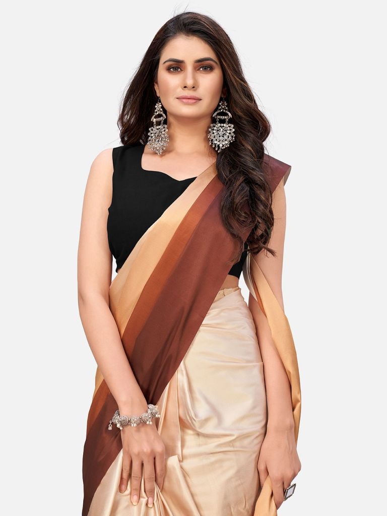 Dreamy Brown and Beige Satin Ready to wear Saree ClothsVilla