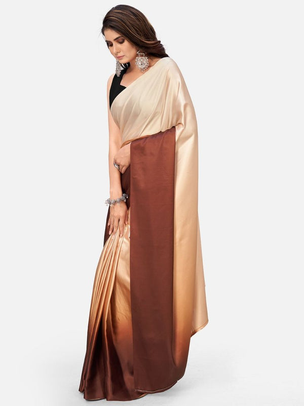 Dreamy Brown and Beige Satin Ready to wear Saree ClothsVilla