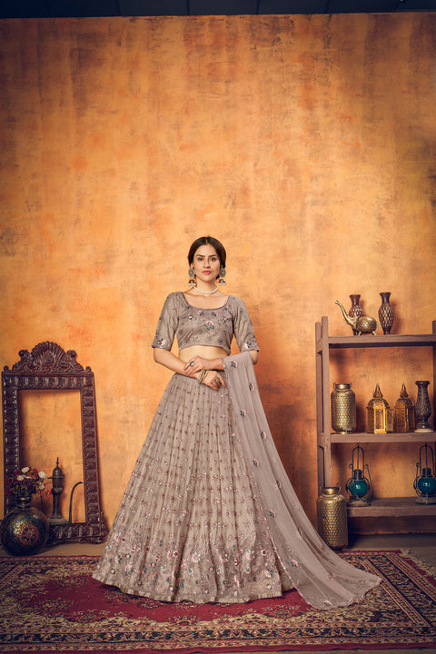 Dusty Brown Thread Embroidered Net Festival Lehenga Choli ClothsVilla Main image