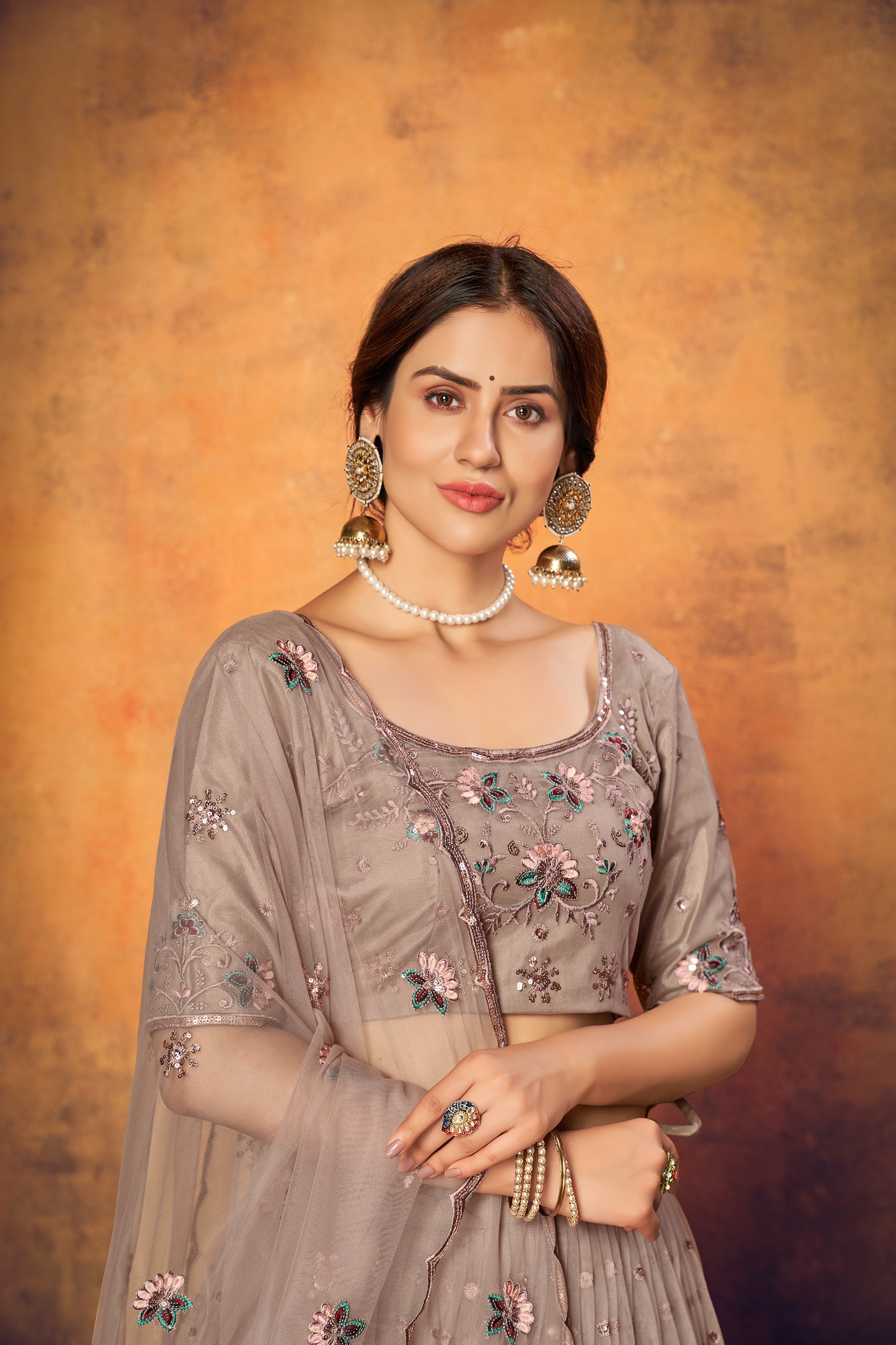Dusty Brown Thread Embroidered Net Festival Lehenga Choli ClothsVilla
