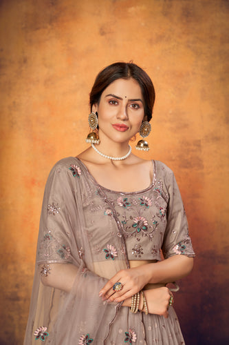 Dusty Brown Thread Embroidered Net Festival Lehenga Choli ClothsVilla