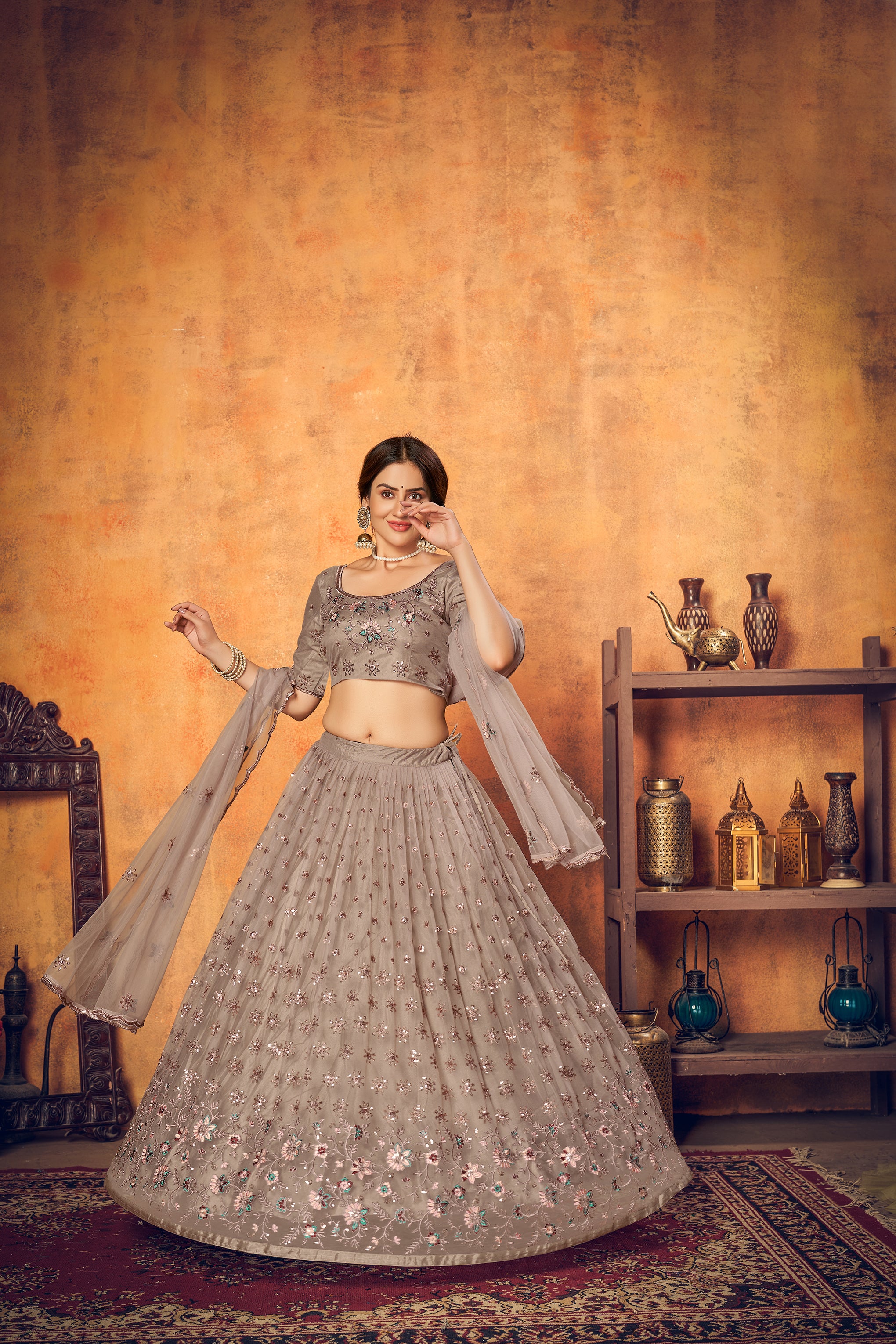 Dusty Brown Thread Embroidered Net Festival Lehenga Choli ClothsVilla