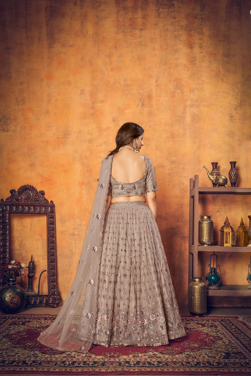 Dusty Brown Thread Embroidered Net Festival Lehenga Choli ClothsVilla