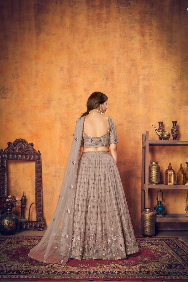 Dusty Brown Thread Embroidered Net Festival Lehenga Choli ClothsVilla