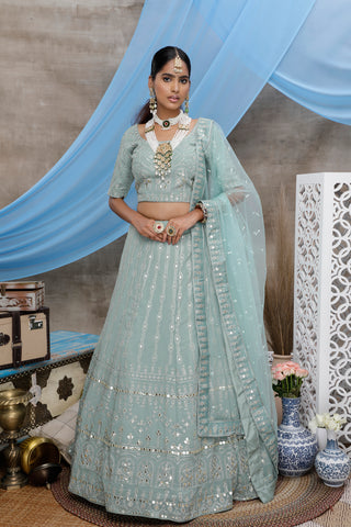 Dusty Green Gota Patti Work Georgette Wedding Wear Lehenga Choli ClothsVilla