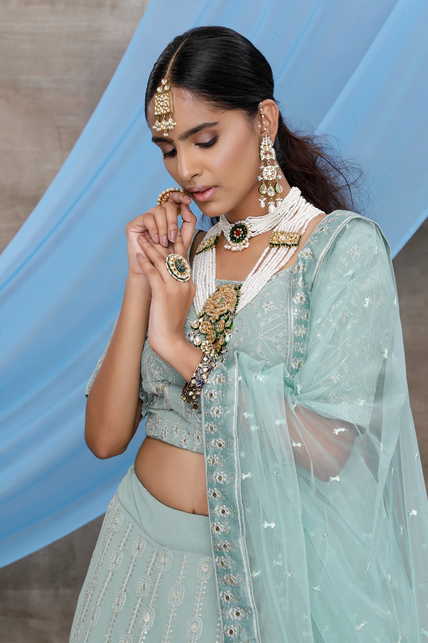 Dusty Green Gota Patti Work Georgette Wedding Wear Lehenga Choli ClothsVilla