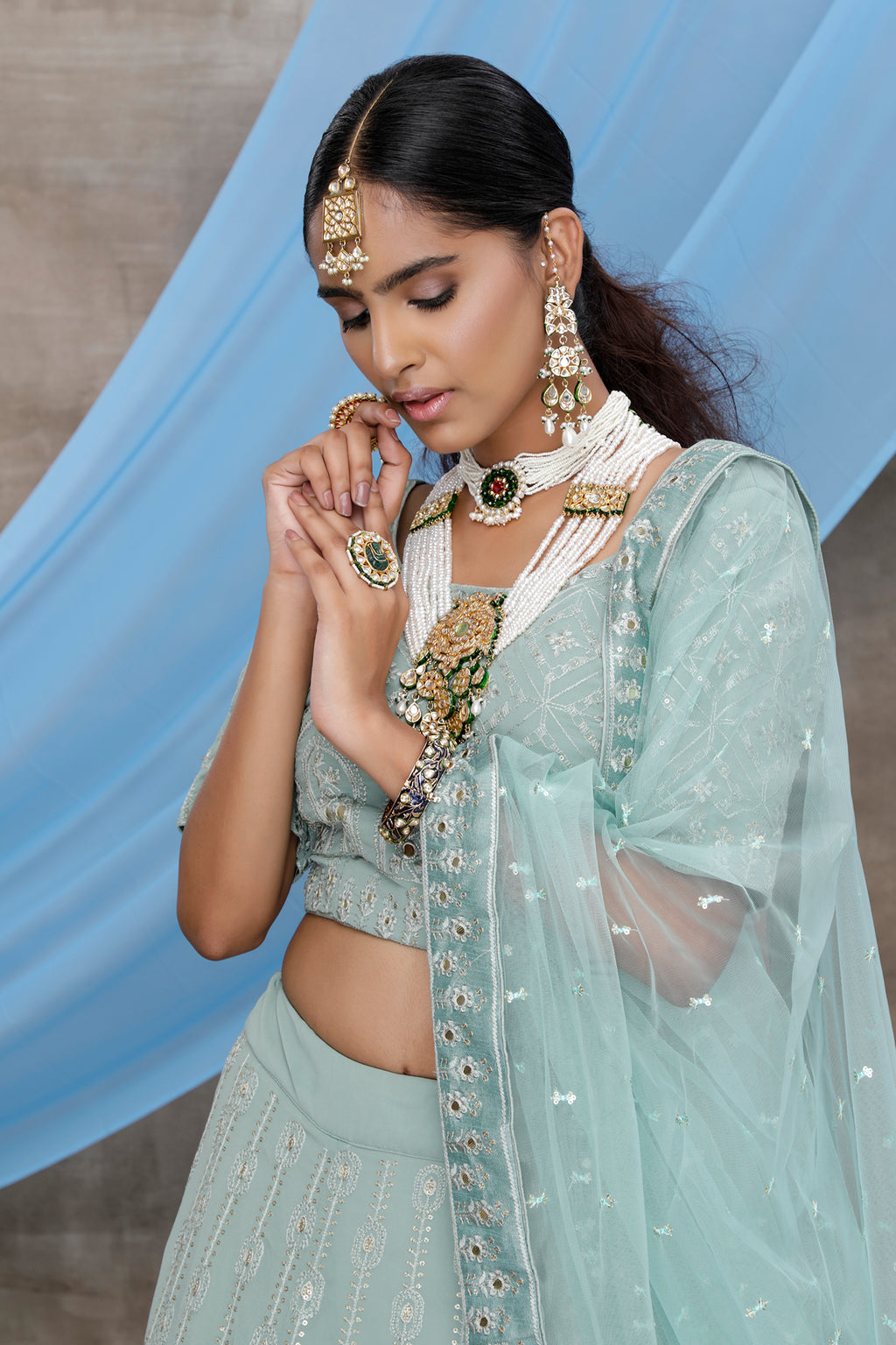 Dusty Green Gota Patti Work Georgette Wedding Wear Lehenga Choli ClothsVilla