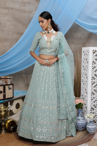 Dusty Green Gota Patti Work Georgette Wedding Wear Lehenga Choli ClothsVilla