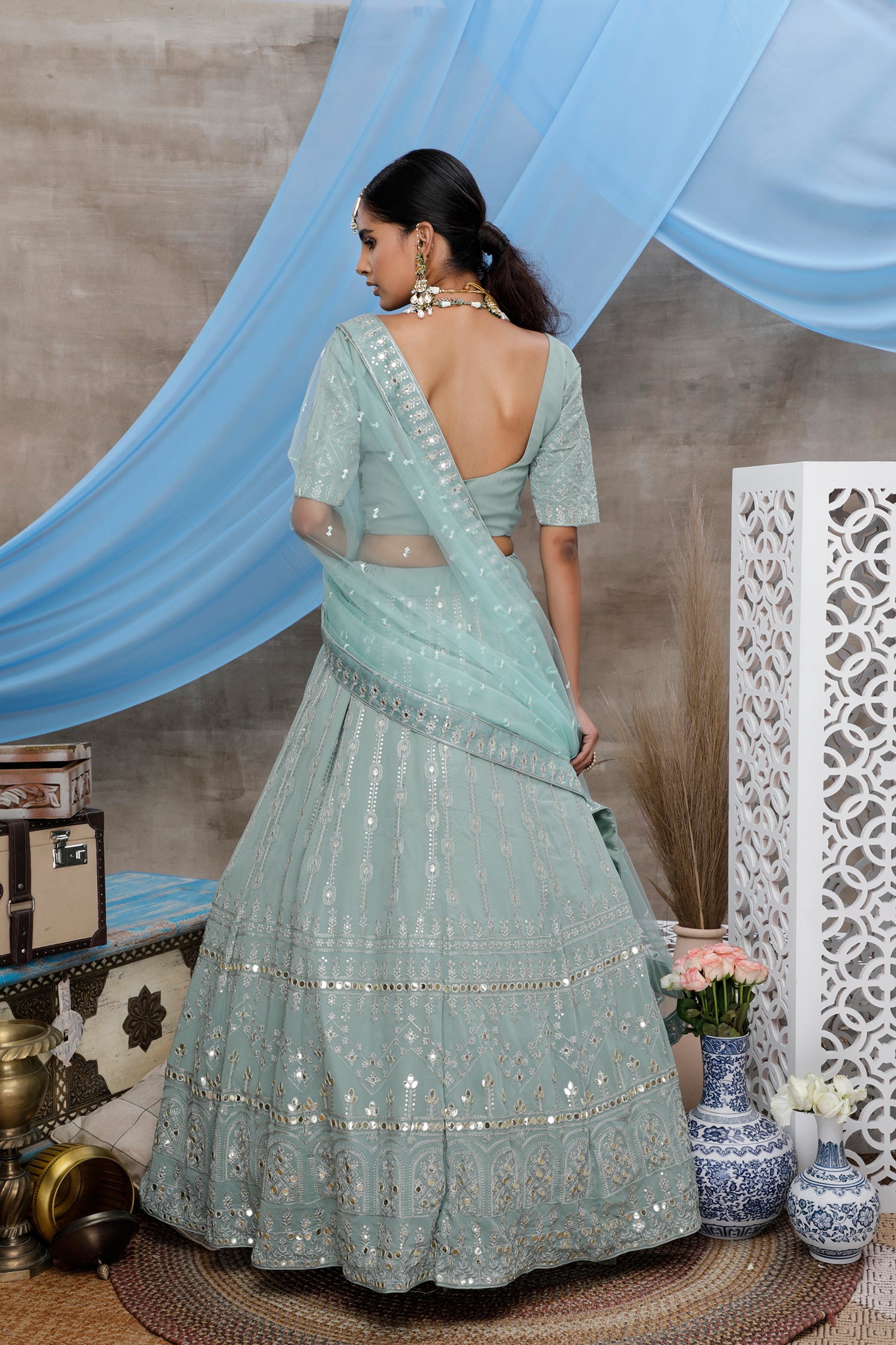 Dusty Green Gota Patti Work Georgette Wedding Wear Lehenga Choli ClothsVilla