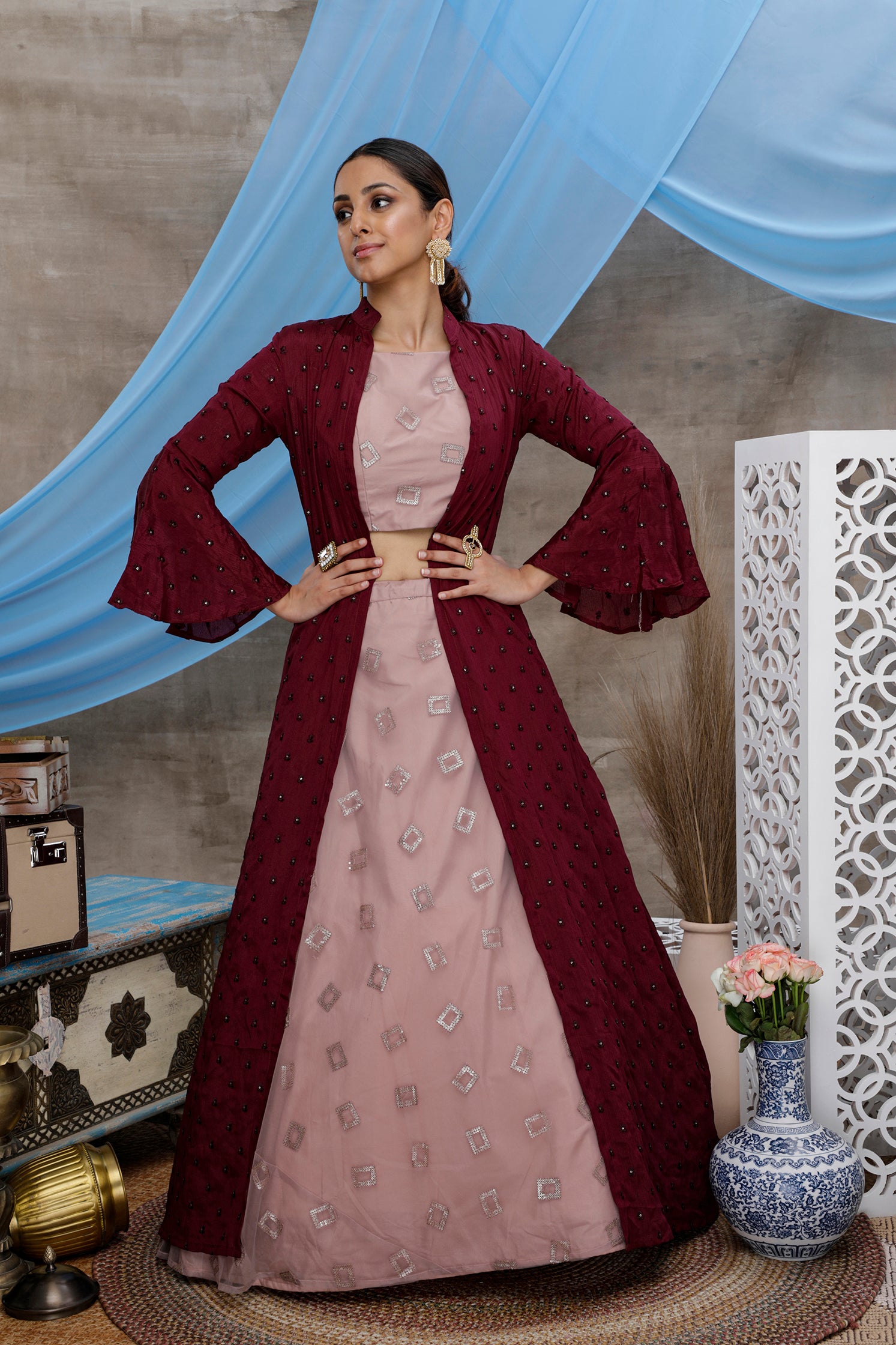Dusty Pink Lehenga Choli With Designer Koti And Thread With Sequence Embroidered Work Bridesmaid, Wedding, Party, Bollywood Designer Lehenga ClothsVilla
