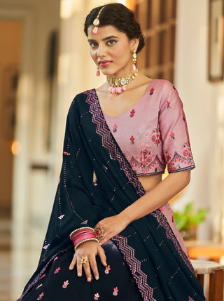 Dusty Pink Navy Blue Thread And Sequins Embroidered With Mirror Work Art Silk Festive & Party Wear Semi Stitched Lehenga ClothsVilla