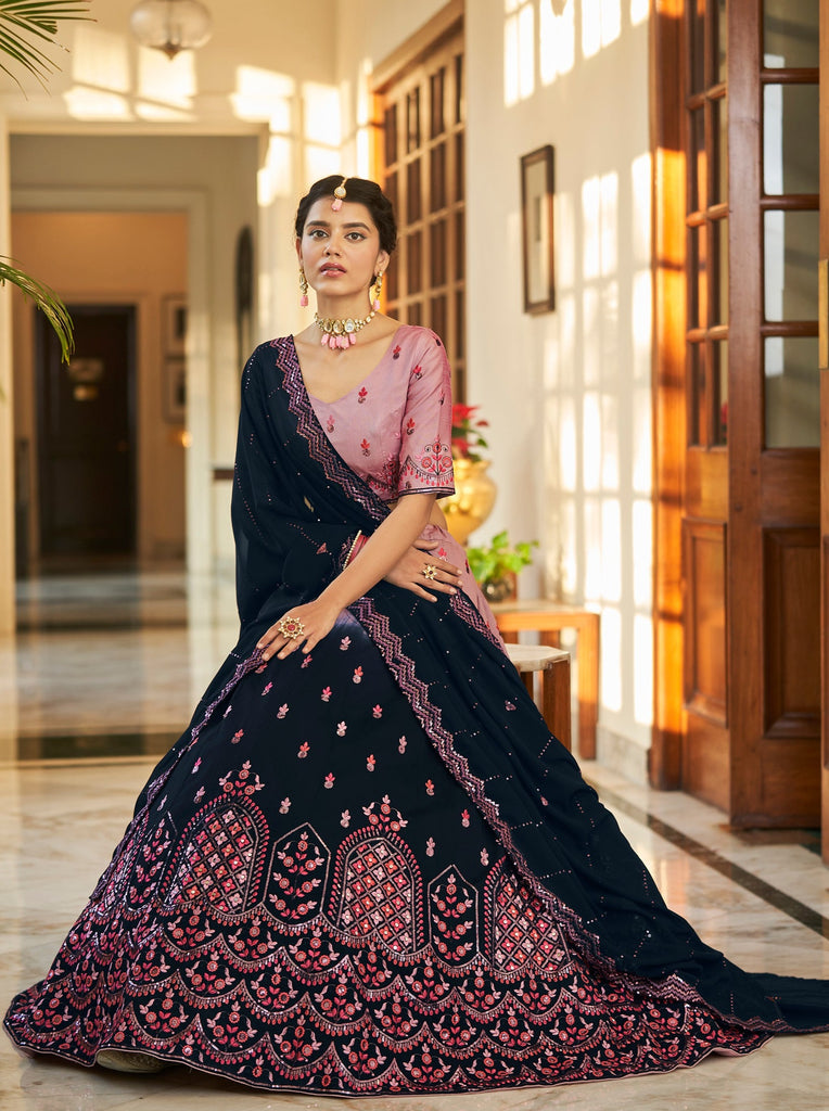 Dusty Pink Navy Blue Thread And Sequins Embroidered With Mirror Work Art Silk Festive & Party Wear Semi Stitched Lehenga ClothsVilla