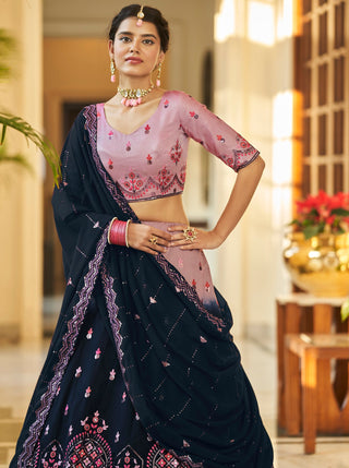 Dusty Pink Navy Blue Thread And Sequins Embroidered With Mirror Work Art Silk Festive & Party Wear Semi Stitched Lehenga ClothsVilla