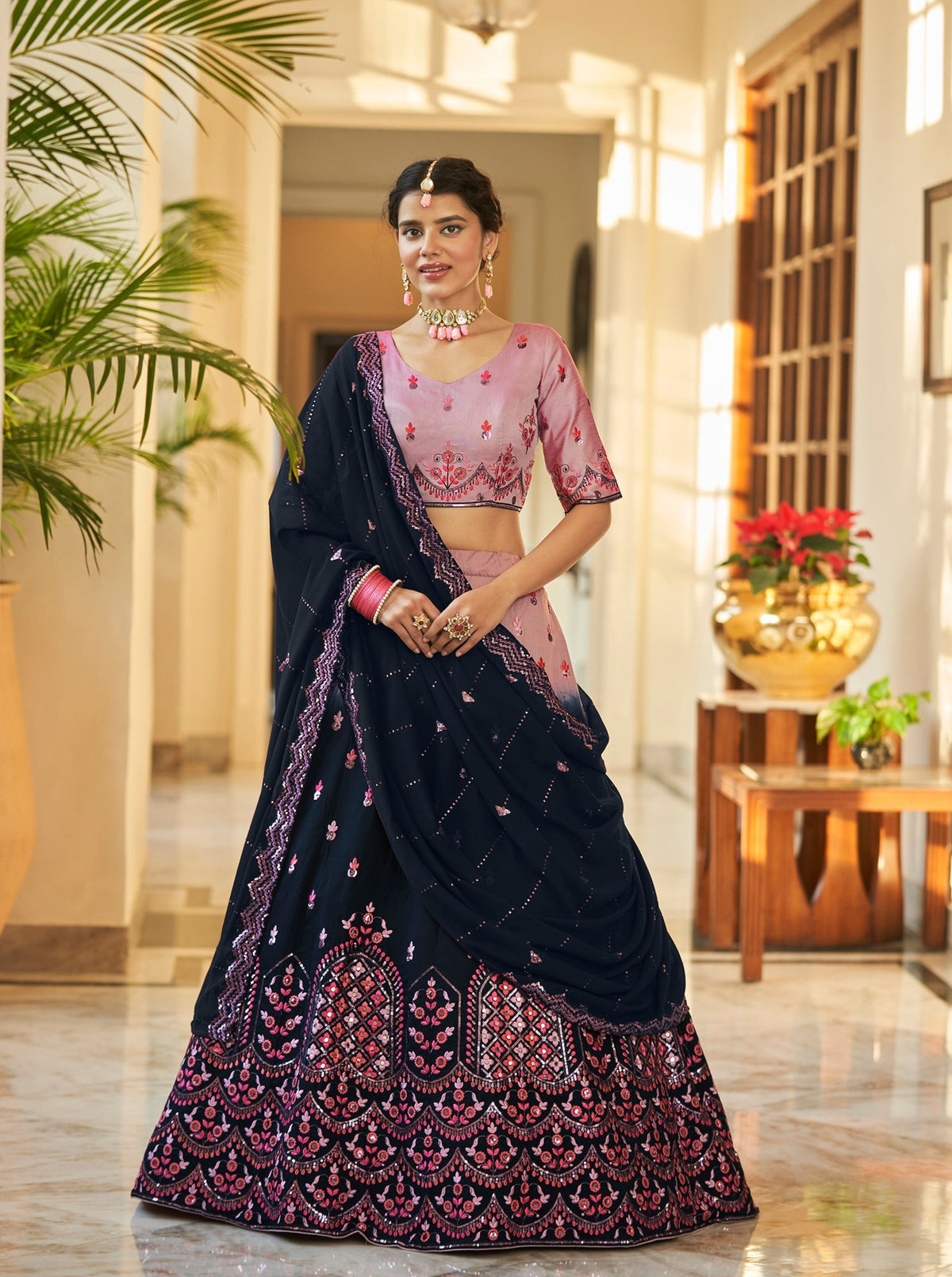 Dusty Pink Navy Blue Thread And Sequins Embroidered With Mirror Work Art Silk Festive & Party Wear Semi Stitched Lehenga ClothsVilla Main image