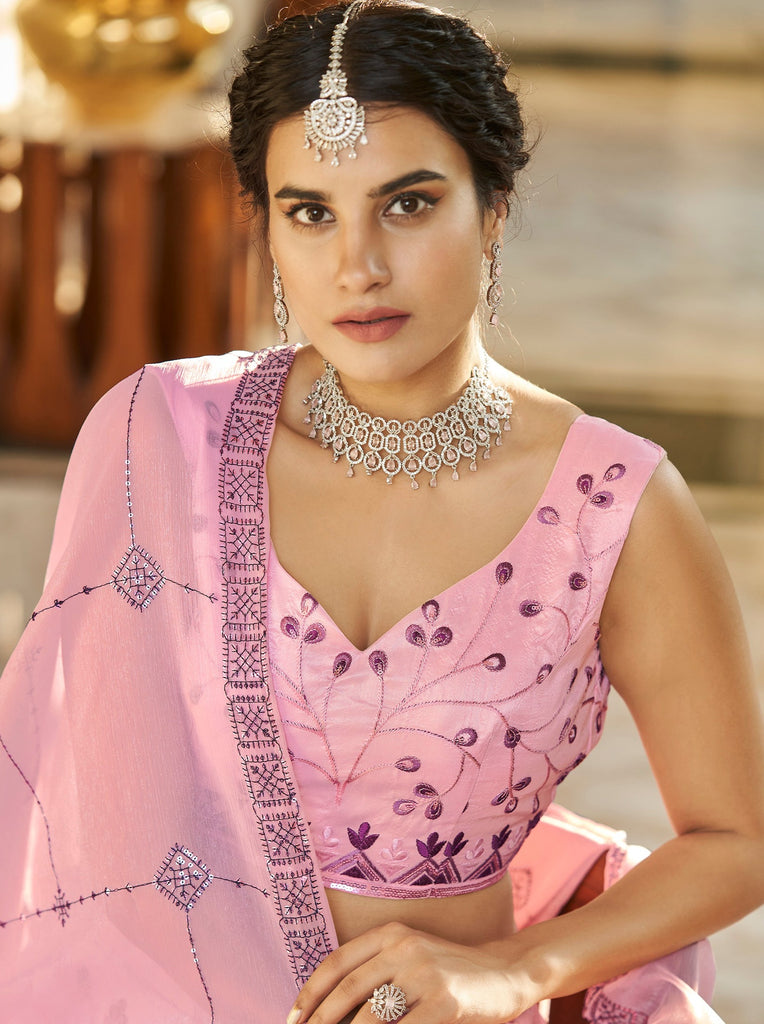Dusty Pink Purple Thread And Sequins Embroidered Work Art Silk Festive & Party Wear Semi Stitched Lehenga ClothsVilla