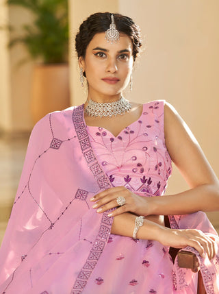 Dusty Pink Purple Thread And Sequins Embroidered Work Art Silk Festive & Party Wear Semi Stitched Lehenga ClothsVilla