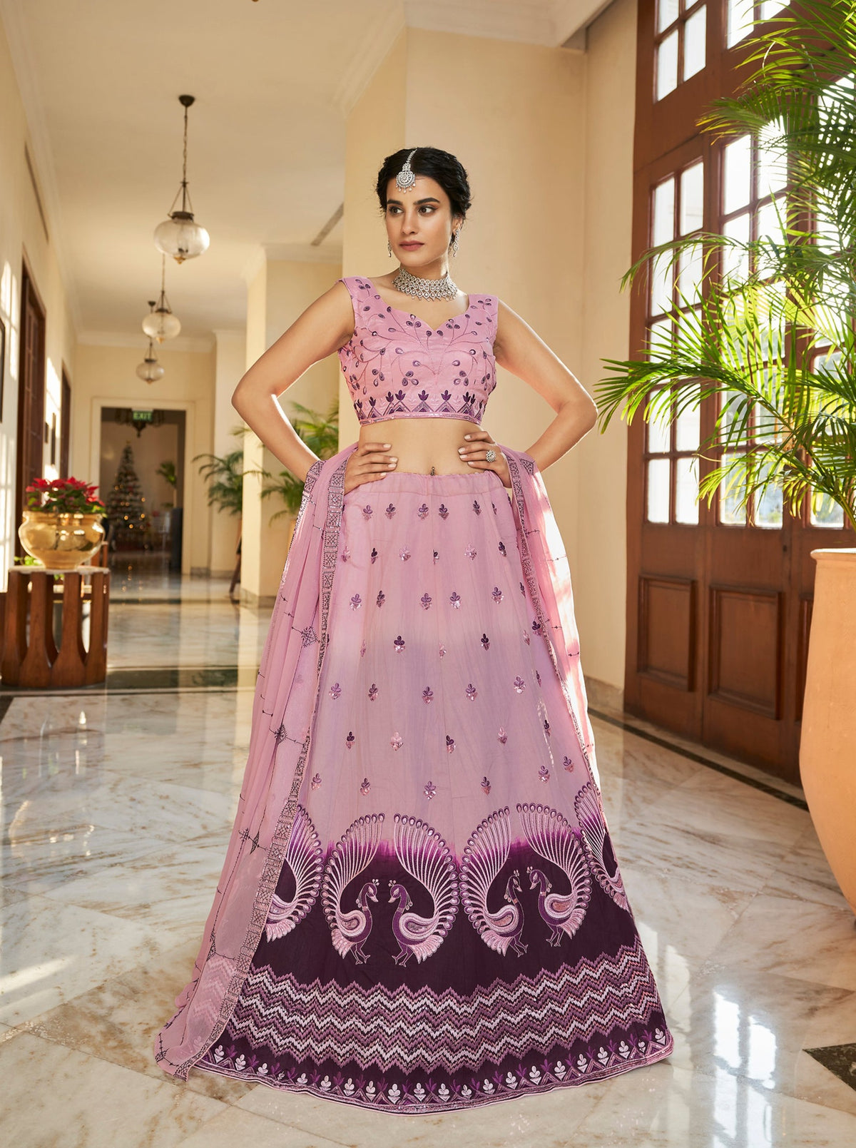 Dusty Pink Purple Thread And Sequins Embroidered Work Art Silk Festive & Party Wear Semi Stitched Lehenga ClothsVilla Main image