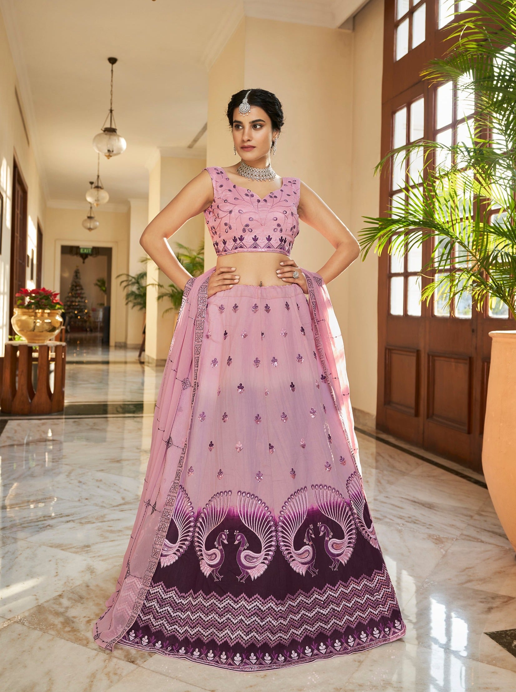 Dusty Pink Purple Thread And Sequins Embroidered Work Art Silk Festive & Party Wear Semi Stitched Lehenga ClothsVilla Main image