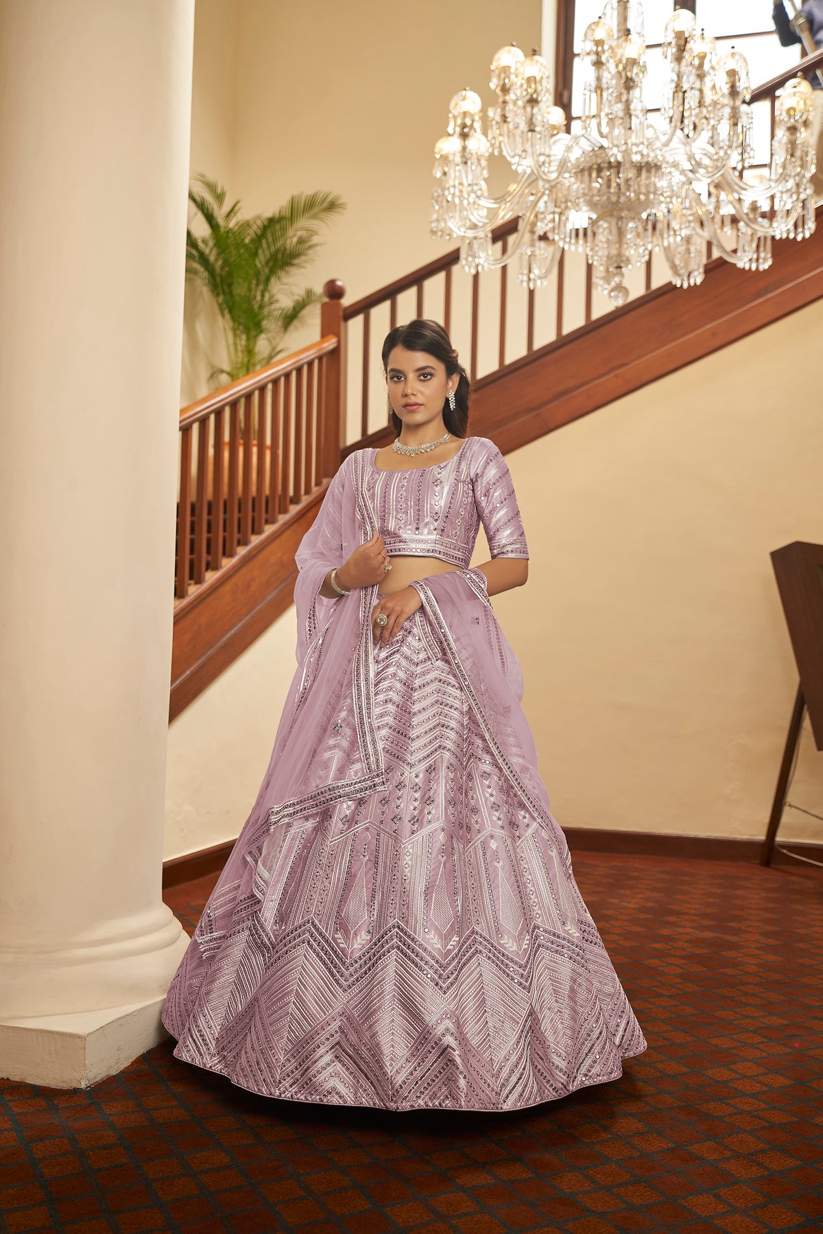 Dusty Pink Silk Embroidered Wedding Party Contemporary Circular Bollywood Style Lehenga Choli ClothsVilla Main image